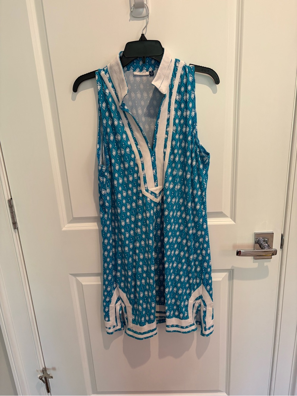Cabana Life palm Valley Teal Sleeveless Printed Tunic Dress with White Trim